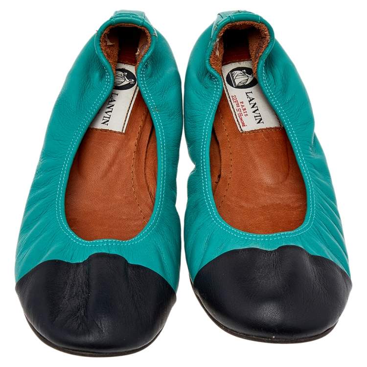 Pre Owned Lanvin Blue Leather Scrunch Ballet Flats Size 37.5