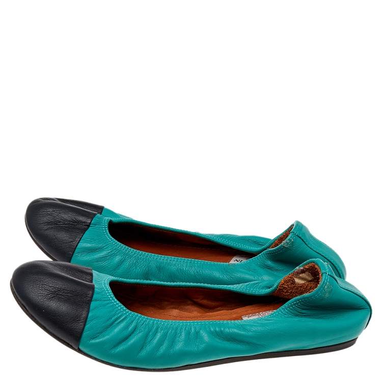 Pre Owned Lanvin Blue Leather Scrunch Ballet Flats Size 37.5