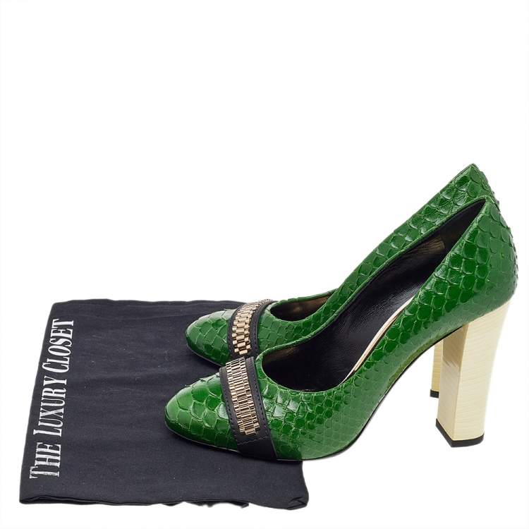 Pre Owned Lanvin Green Python Leather Embellished Block Heel Pumps Size 38