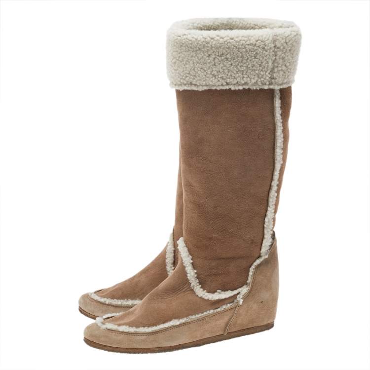 Pre Owned Lanvin Beige/Cream Suede And Shearling Fur Mid Calf Wedge Boots Size 37.5
