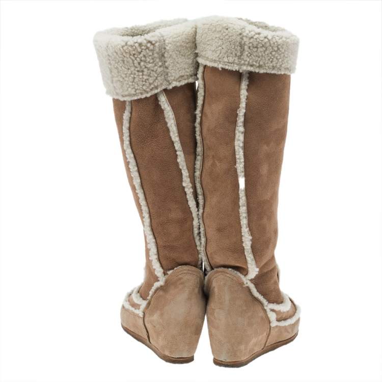 Pre Owned Lanvin Beige/Cream Suede And Shearling Fur Mid Calf Wedge Boots Size 37.5