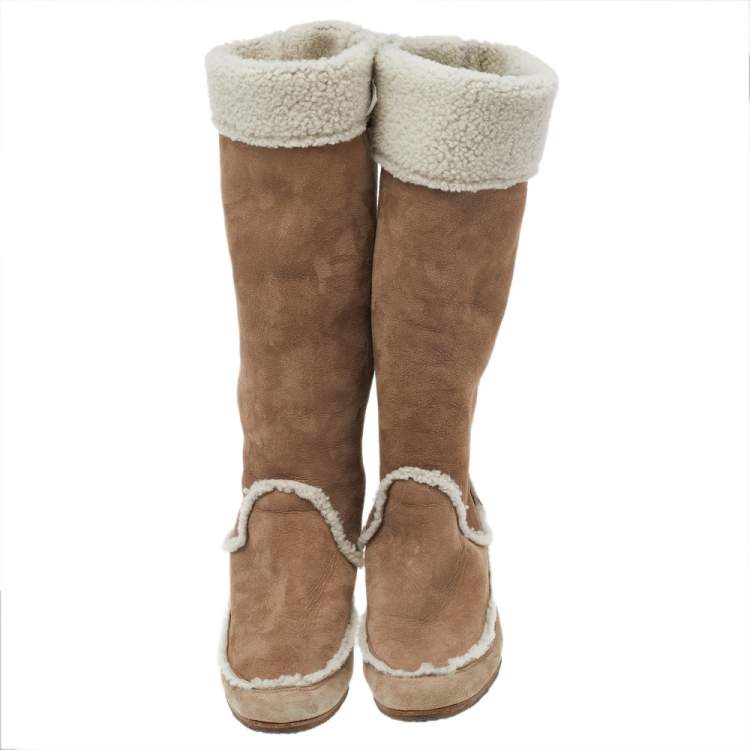 Pre Owned Lanvin Beige/Cream Suede And Shearling Fur Mid Calf Wedge Boots Size 37.5