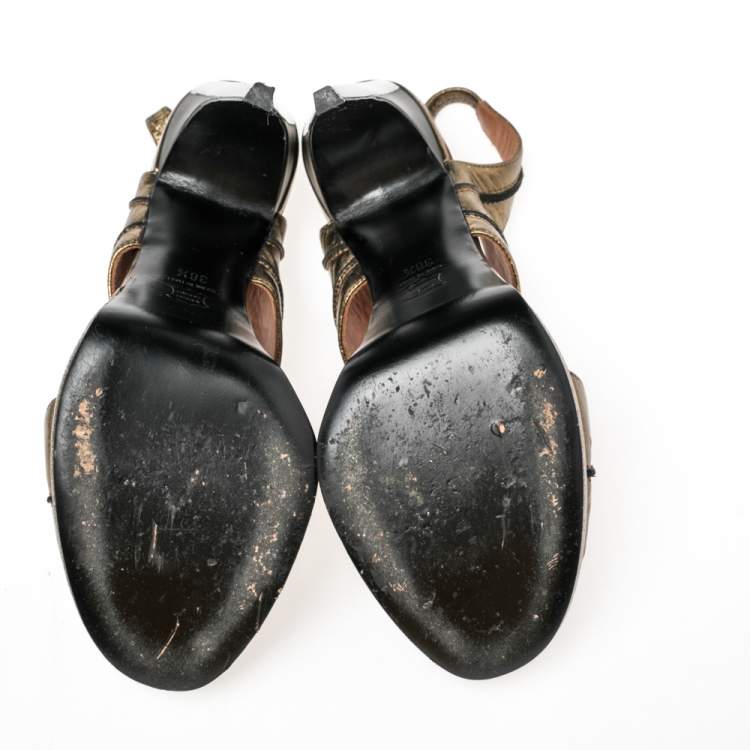 Pre Owned Lanvin Gold Leather Platform Slingback Sandals Size 38.5