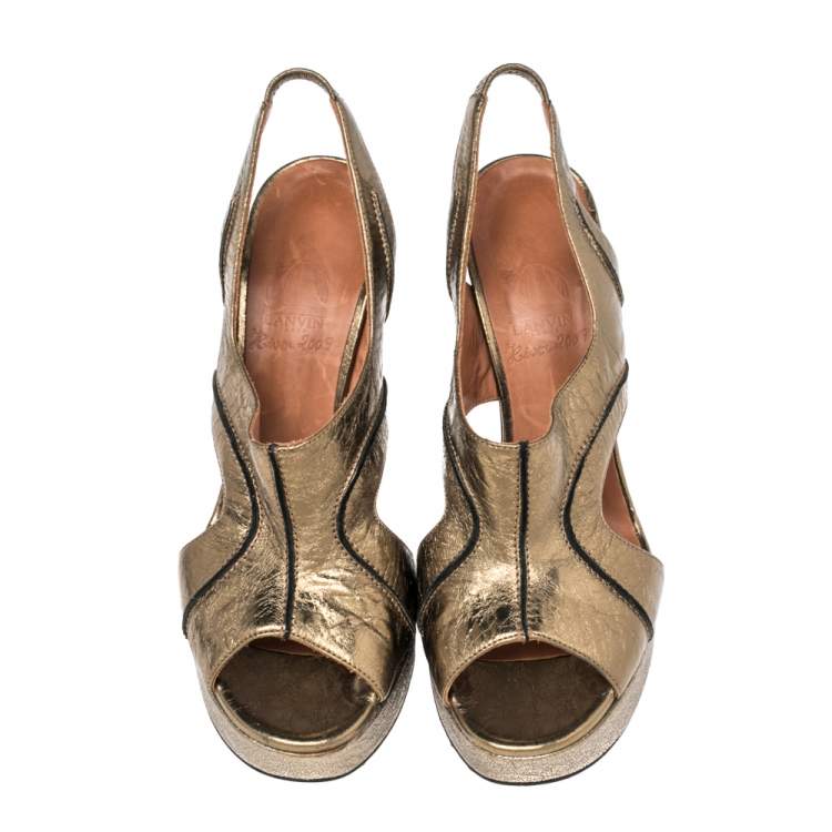 Pre Owned Lanvin Gold Leather Platform Slingback Sandals Size 38.5