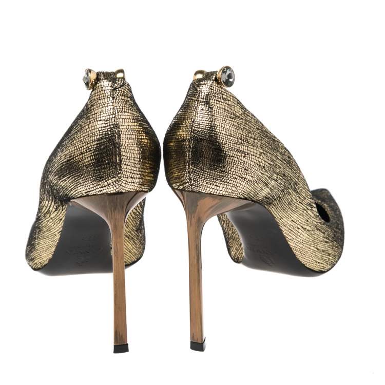 Pre Owned Lanvin Metallic Gold Textured Leather Pointed Toe Pumps Size 38.5