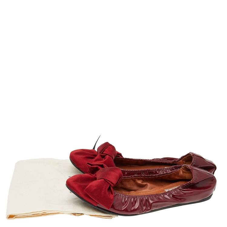 Pre Owned Lanvin Red Satin And Leather Bow Scrunch Ballet Flats Size 38