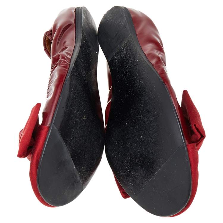 Pre Owned Lanvin Red Satin And Leather Bow Scrunch Ballet Flats Size 38