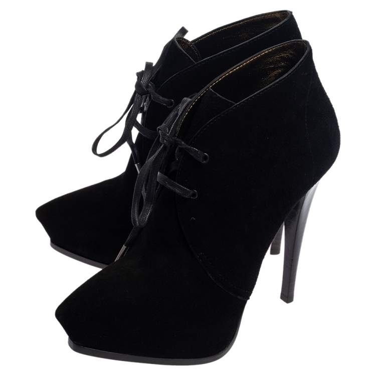 Pre Owned Lanvin Black Suede Lace Up Booties Size 38.5