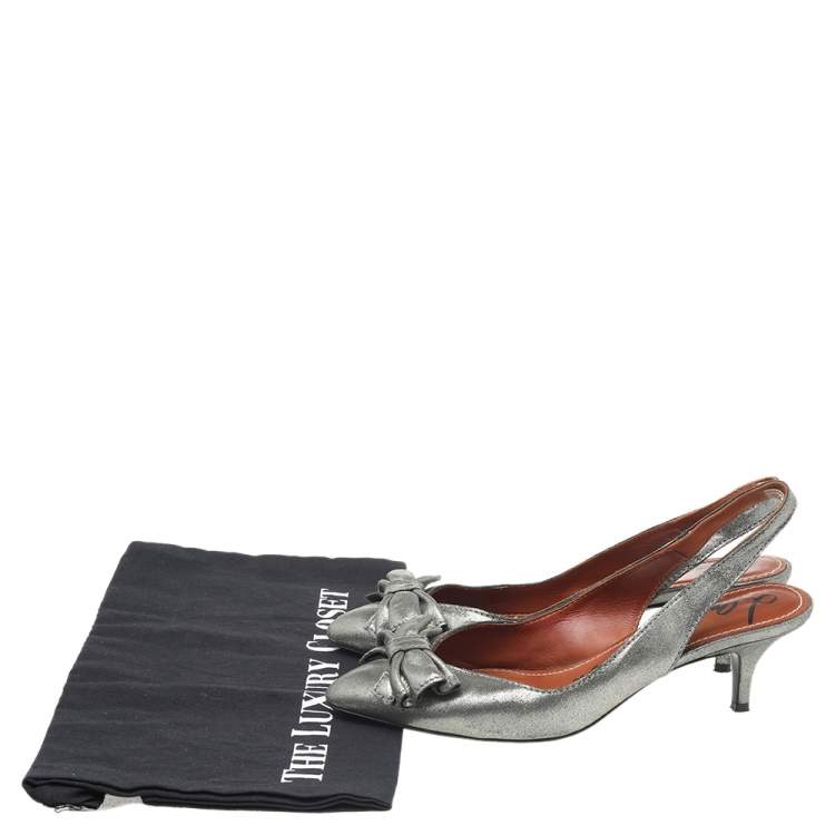Pre Owned Lanvin Metallic Grey Fabric Bow Sandals Size 36