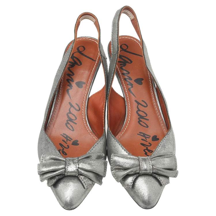 Pre Owned Lanvin Metallic Grey Fabric Bow Sandals Size 36