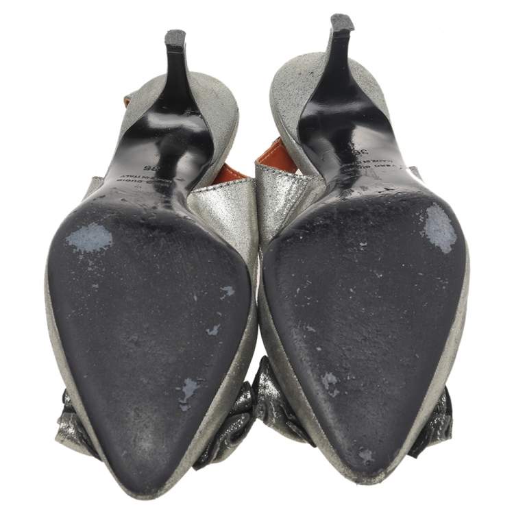 Pre Owned Lanvin Metallic Grey Fabric Bow Sandals Size 36