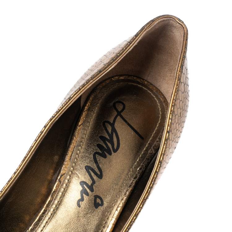 Pre Owned Lanvin Gold Python Embossed Leather Peep Toe Pumps Size 38