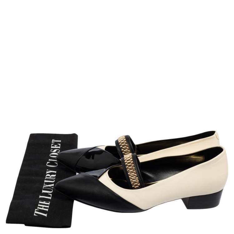 Pre Owned Lanvin Black/White Patent and Leather Flat Pointed Toe Pumps Size 39