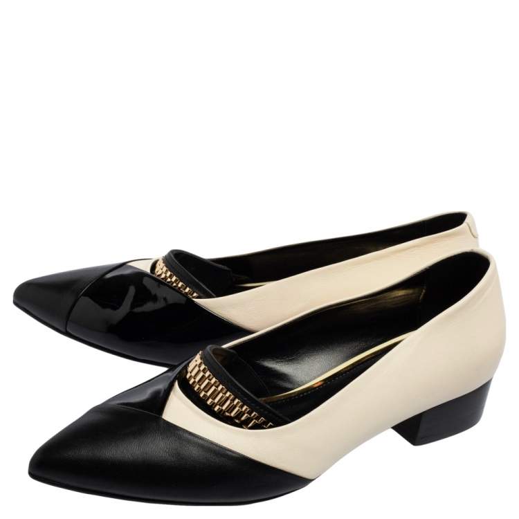Pre Owned Lanvin Black/White Patent and Leather Flat Pointed Toe Pumps Size 39