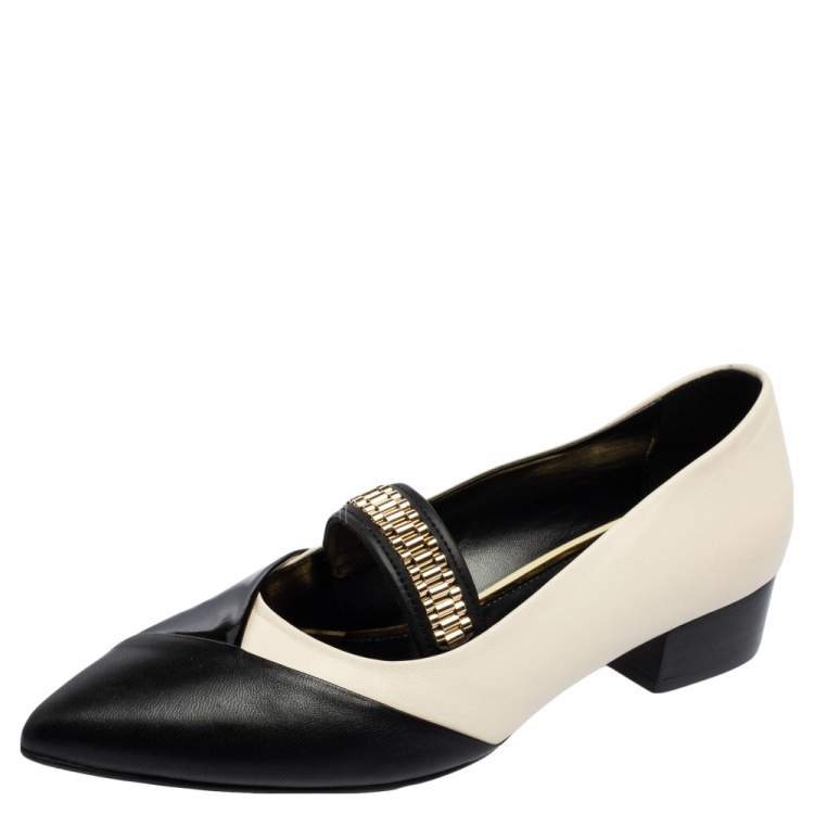 Pre Owned Lanvin Black/White Patent and Leather Flat Pointed Toe Pumps Size 39