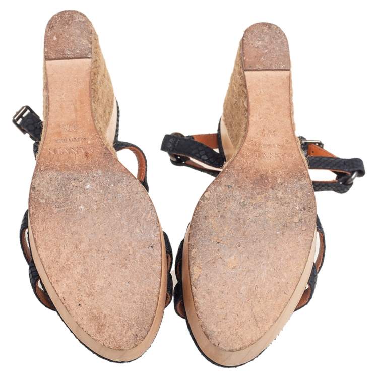 Pre Owned Lanvin Black Python Embossed Leather Strap Wedge Sandals Size 38.5