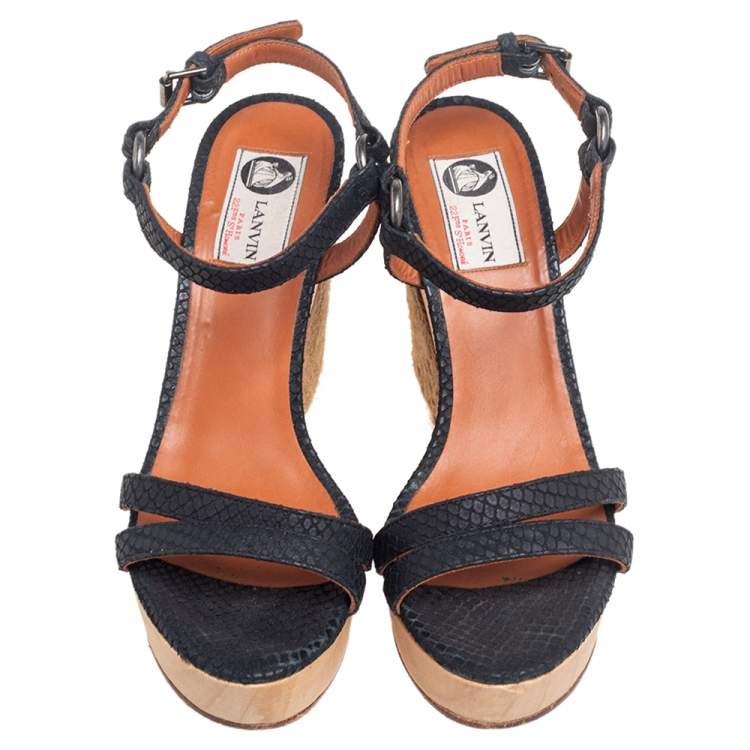 Pre Owned Lanvin Black Python Embossed Leather Strap Wedge Sandals Size 38.5