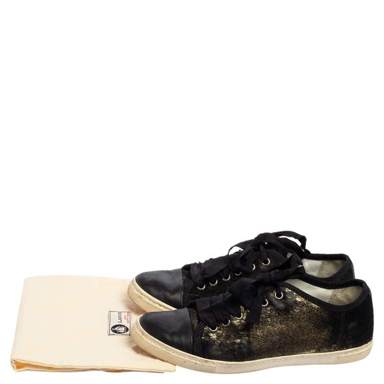 Pre Owned Lanvin Black/Gold Calf Hair and Leather Low-Top Sneakers Size 37
