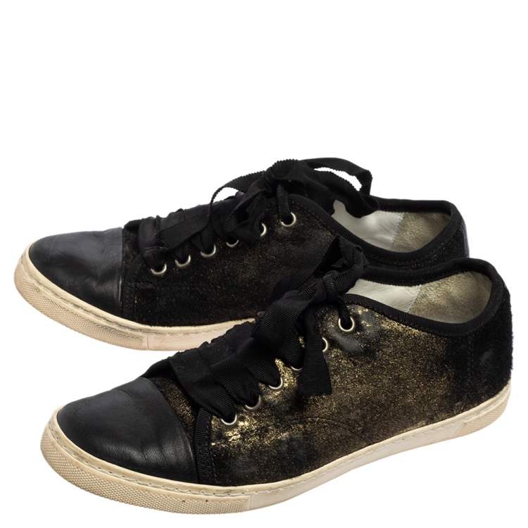 Pre Owned Lanvin Black/Gold Calf Hair and Leather Low-Top Sneakers Size 37