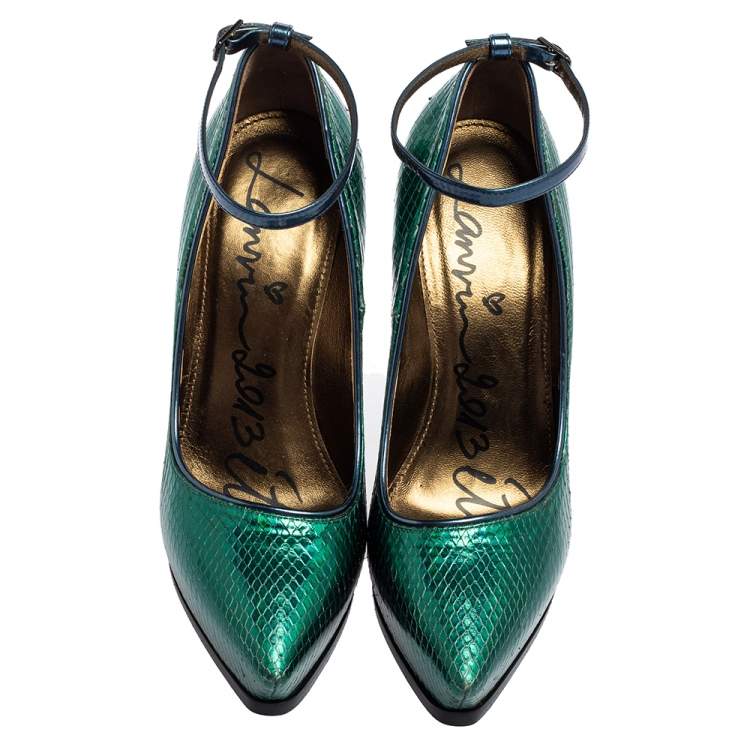 Pre Owned Lanvin Green/Blue Snakeskin Leather Pointed-Toe Ankle-Strap Pumps Size 38