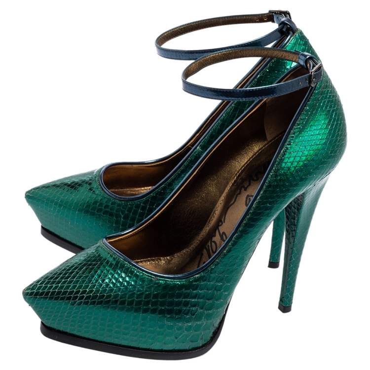 Pre Owned Lanvin Green/Blue Snakeskin Leather Pointed-Toe Ankle-Strap Pumps Size 38