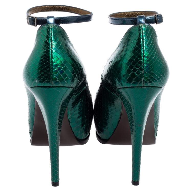 Pre Owned Lanvin Green/Blue Snakeskin Leather Pointed-Toe Ankle-Strap Pumps Size 38