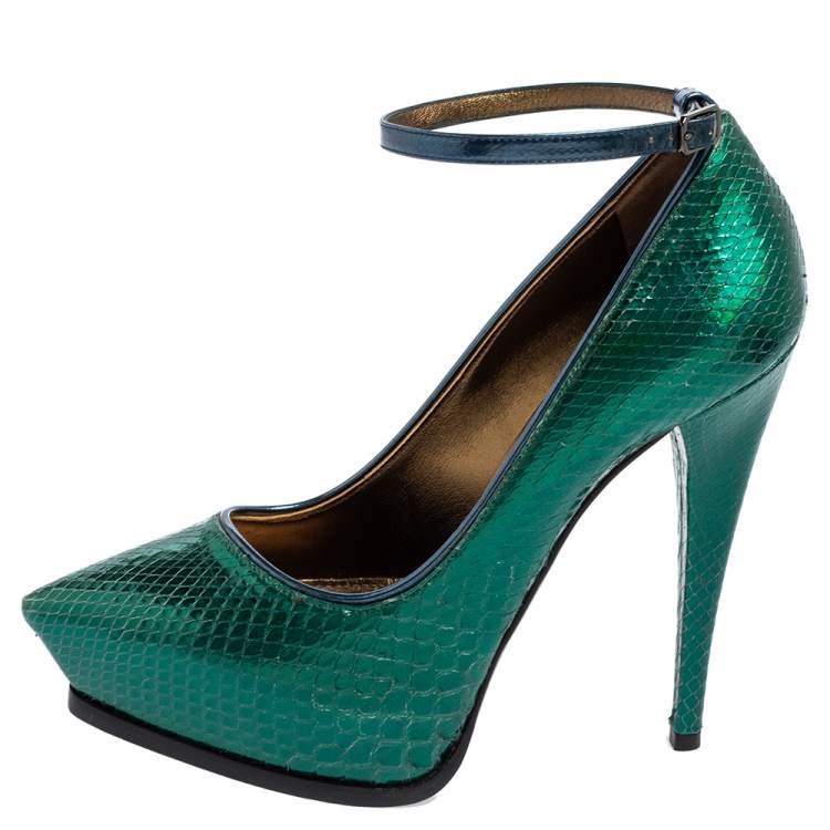 Pre Owned Lanvin Green/Blue Snakeskin Leather Pointed-Toe Ankle-Strap Pumps Size 38