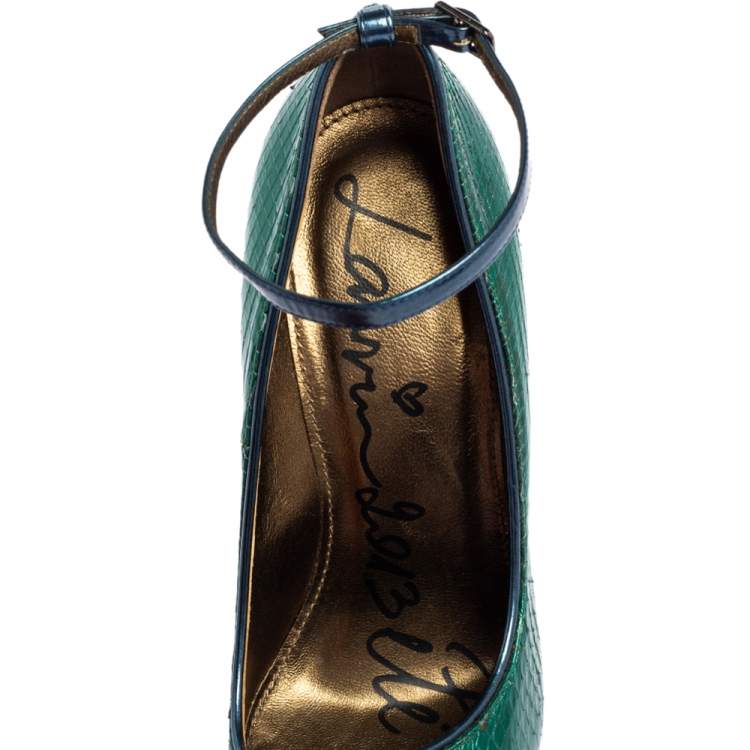 Pre Owned Lanvin Green/Blue Snakeskin Leather Pointed-Toe Ankle-Strap Pumps Size 38