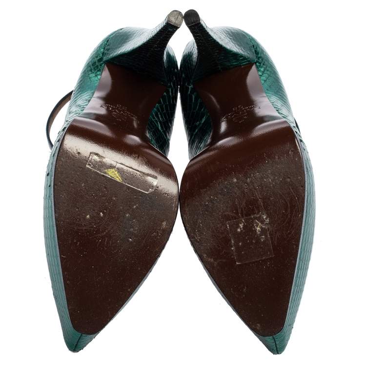 Pre Owned Lanvin Green/Blue Snakeskin Leather Pointed-Toe Ankle-Strap Pumps Size 38