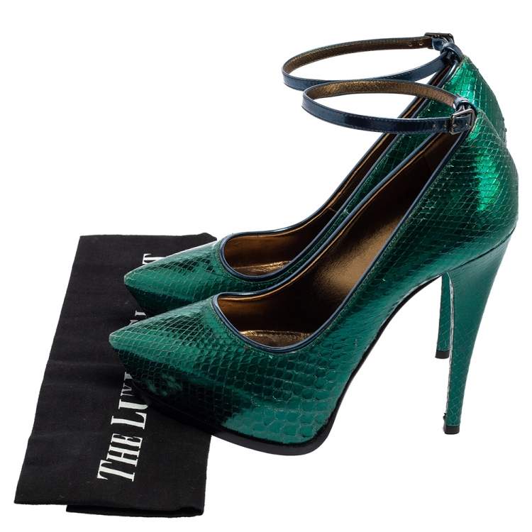 Pre Owned Lanvin Green/Blue Snakeskin Leather Pointed-Toe Ankle-Strap Pumps Size 38