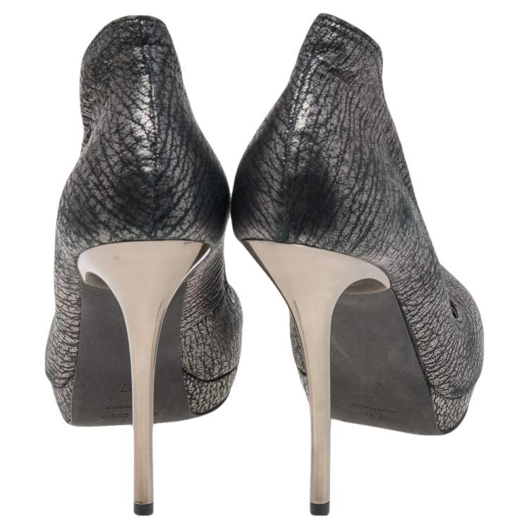 Pre Owned Lanvin Metallic Silver Leather Pointed Toe Platform Pumps Size 37
