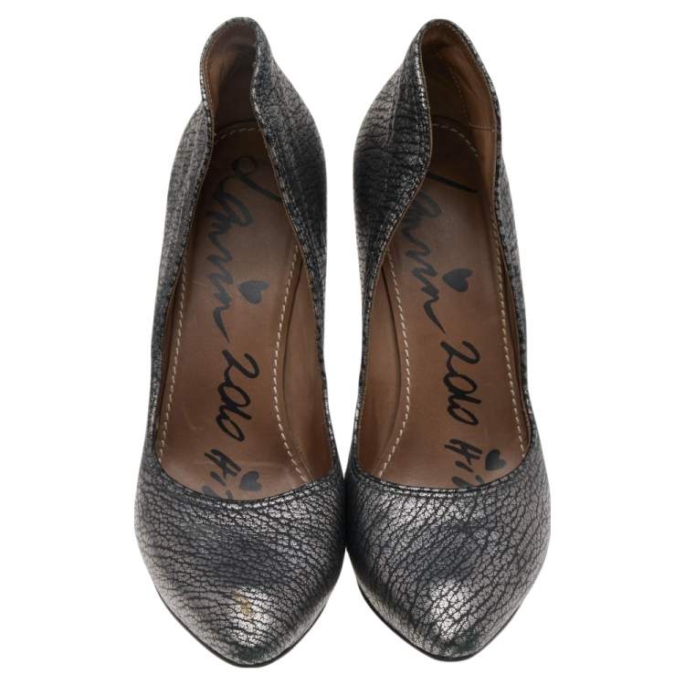 Pre Owned Lanvin Metallic Silver Leather Pointed Toe Platform Pumps Size 37