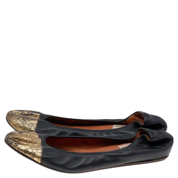 Pre Owned Lanvin Black/Gold Python and Leather Ballet Flats Size 40.5