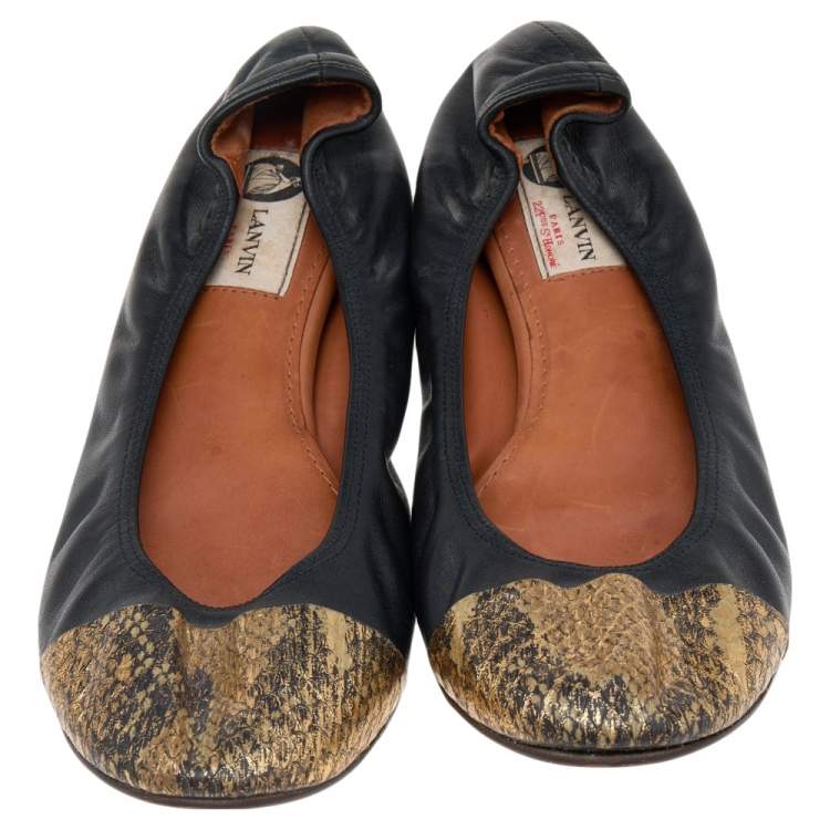 Pre Owned Lanvin Black/Gold Python and Leather Ballet Flats Size 40.5