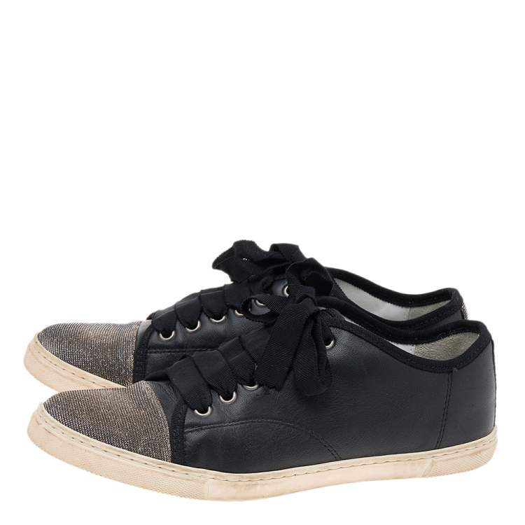 Pre Owned Lanvin Black Leather And Lurex Fabric Low Top Sneakers Size 38