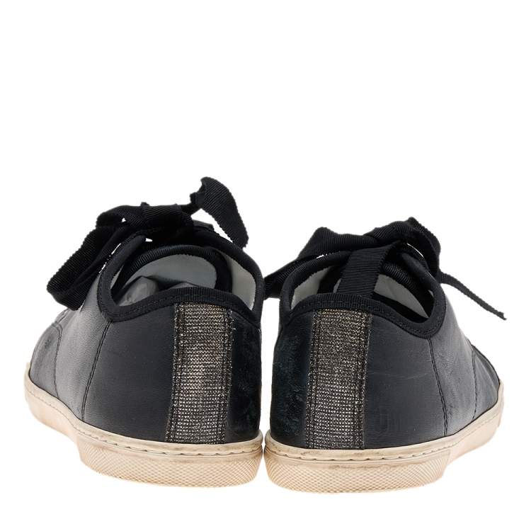 Pre Owned Lanvin Black Leather And Lurex Fabric Low Top Sneakers Size 38