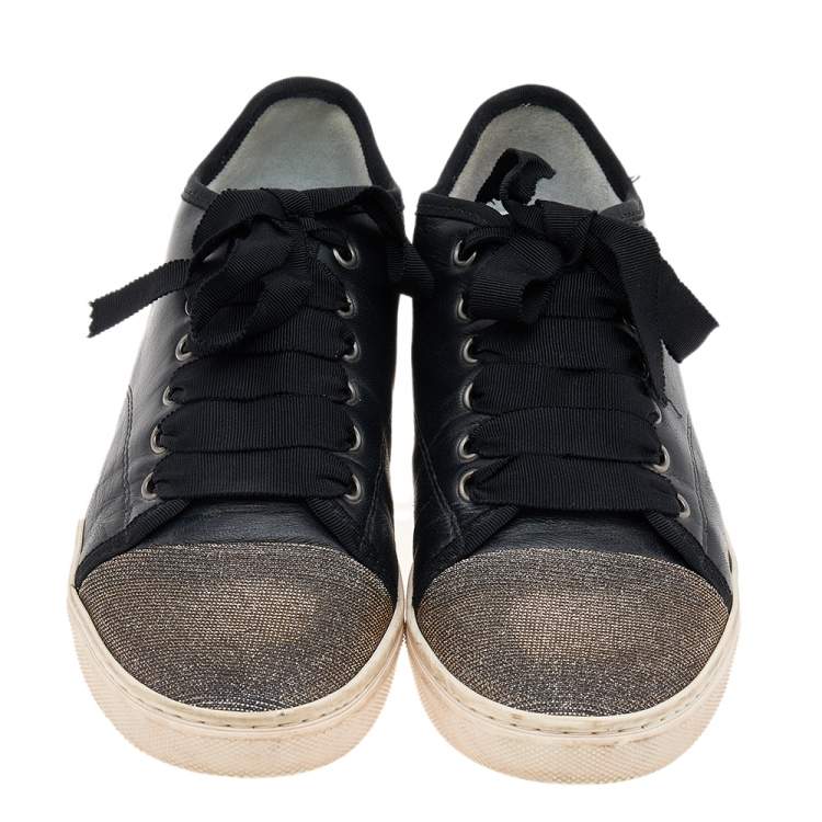 Pre Owned Lanvin Black Leather And Lurex Fabric Low Top Sneakers Size 38
