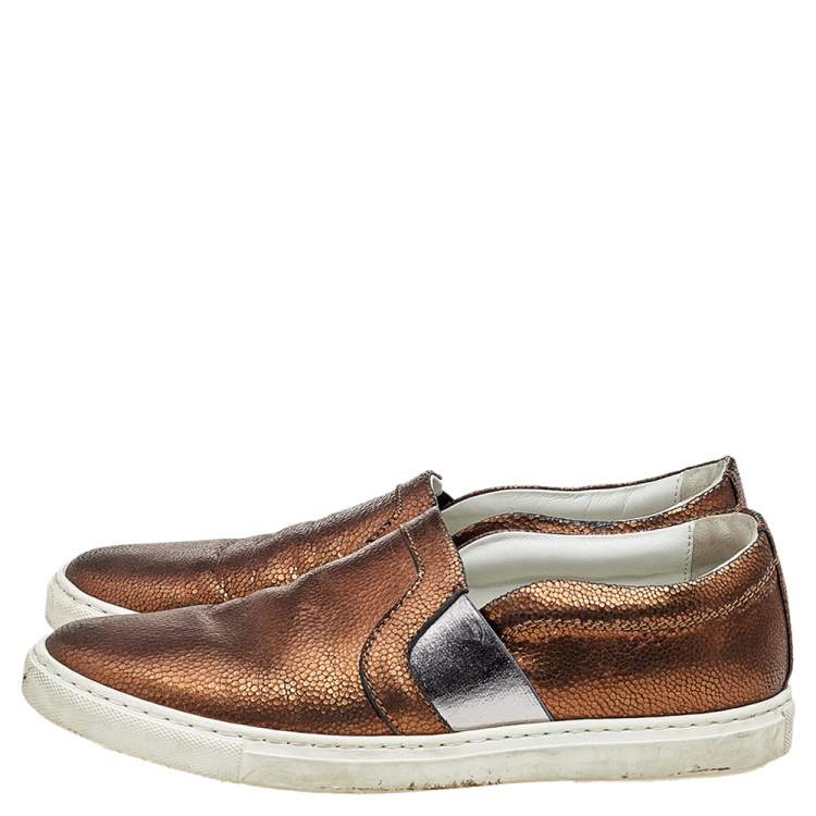 Pre Owned Lanvin Metallic Bronze Texture Leather Slip On Sneakers Size 38