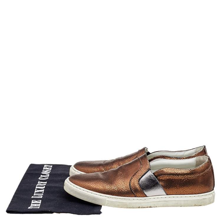 Pre Owned Lanvin Metallic Bronze Texture Leather Slip On Sneakers Size 38
