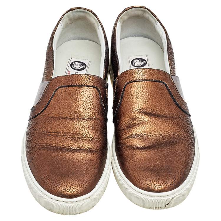 Pre Owned Lanvin Metallic Bronze Texture Leather Slip On Sneakers Size 38