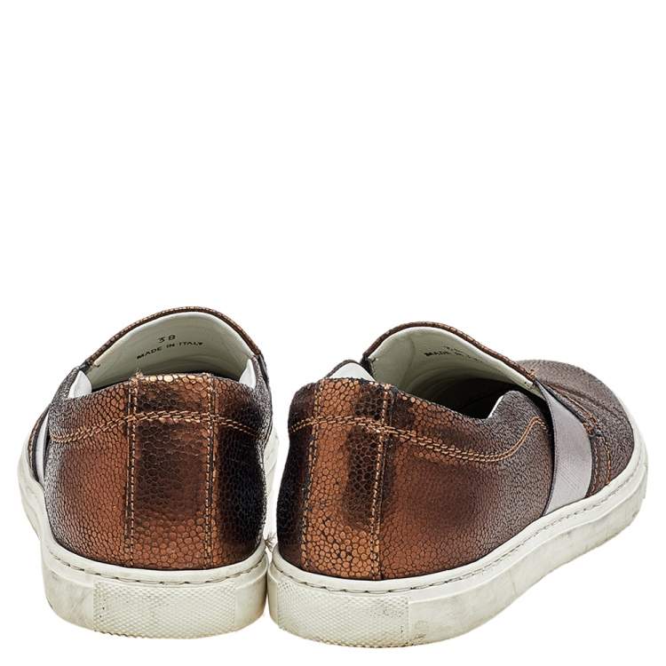 Pre Owned Lanvin Metallic Bronze Texture Leather Slip On Sneakers Size 38
