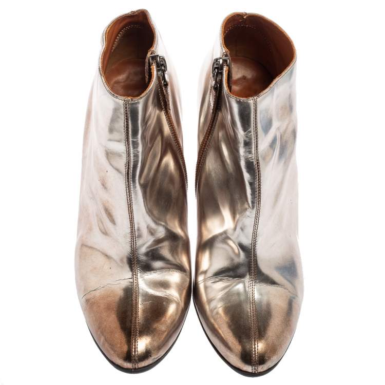 Pre Owned Lanvin Silver/Brown Leather Pointed Toe Booties Size 37.5