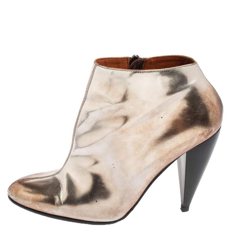 Pre Owned Lanvin Silver/Brown Leather Pointed Toe Booties Size 37.5