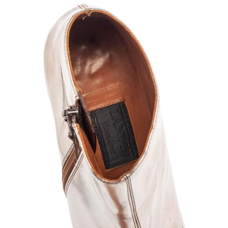 Pre Owned Lanvin Silver/Brown Leather Pointed Toe Booties Size 37.5