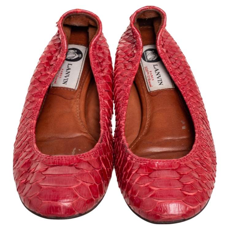 Pre Owned Lanvin Red Python Leather Scrunch Ballet Flats Size 36