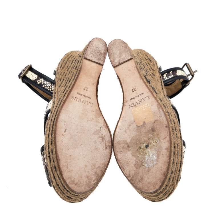 Pre Owned Lanvin Beige/Brown Python Embossed Leather Platform Wedge Sandals Size 37