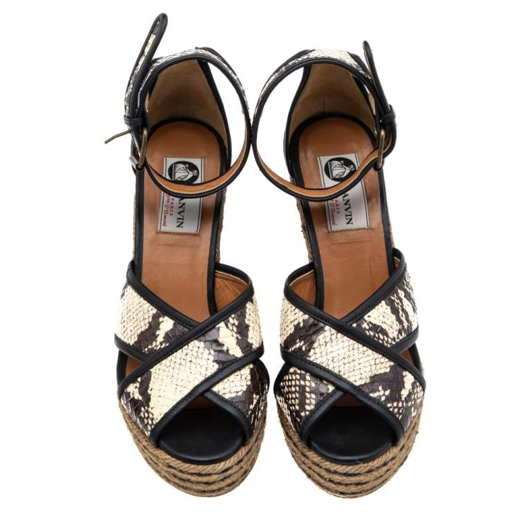 Pre Owned Lanvin Beige/Brown Python Embossed Leather Platform Wedge Sandals Size 37
