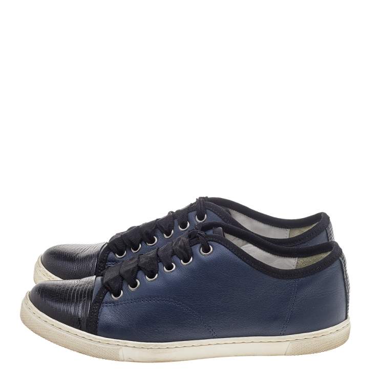 Pre Owned Lanvin Black/Navy Blue Lizard Embossed and Leather Low Top Sneakers Size 36
