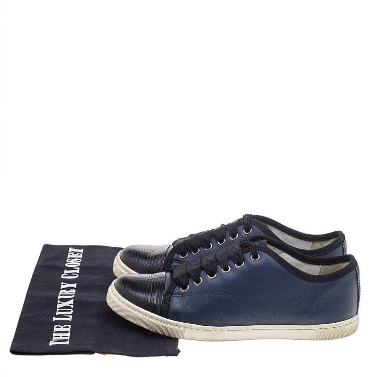 Pre Owned Lanvin Black/Navy Blue Lizard Embossed and Leather Low Top Sneakers Size 36