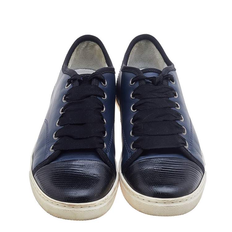 Pre Owned Lanvin Black/Navy Blue Lizard Embossed and Leather Low Top Sneakers Size 36